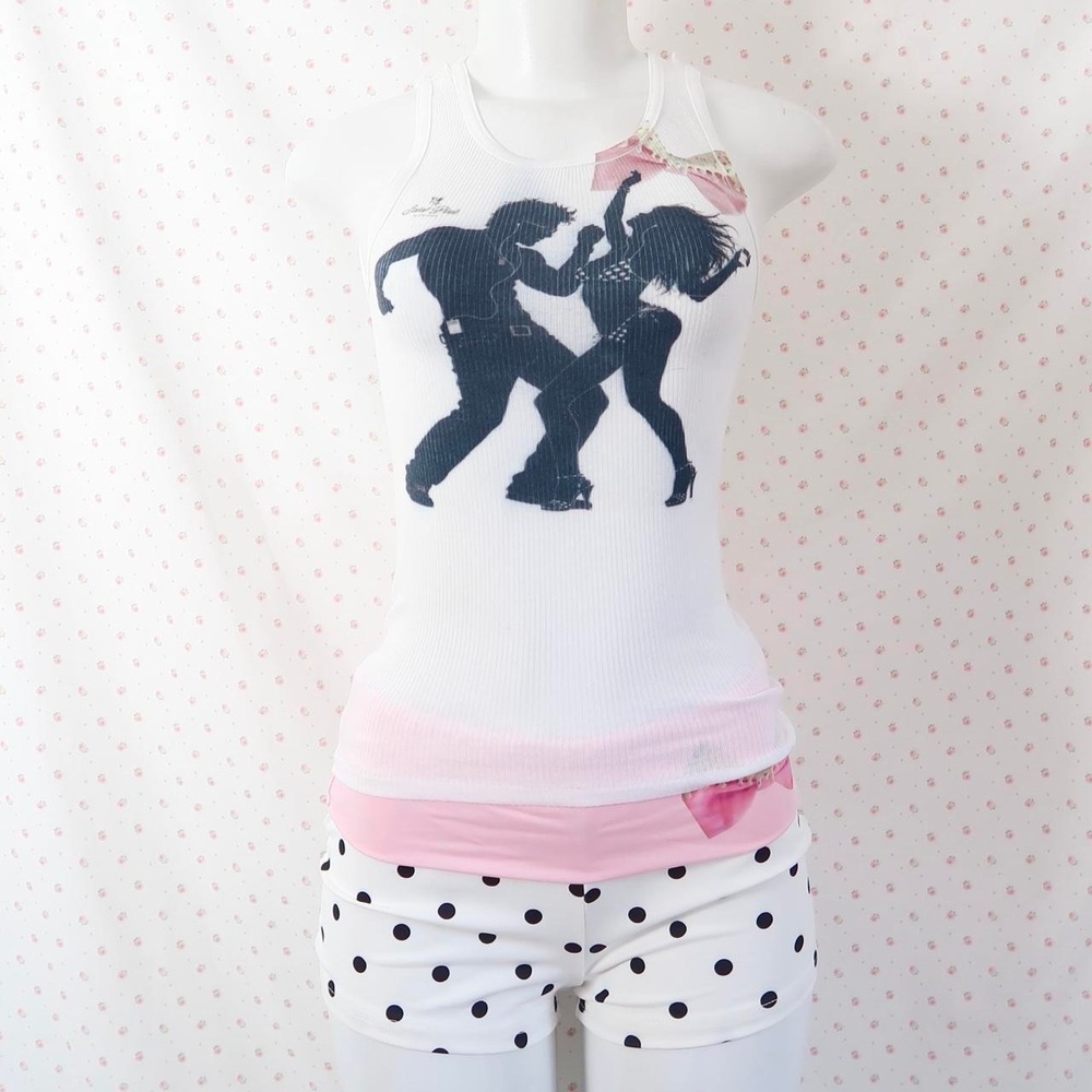 Y2K White Ribbed Dancing Couple Graphic Tank Top Small